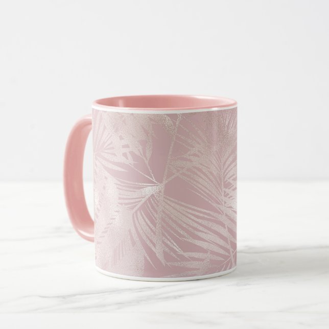 Caneca Folhas de Palmeira Tropical Botânica Rosa Dourado (Frente Esquerda)