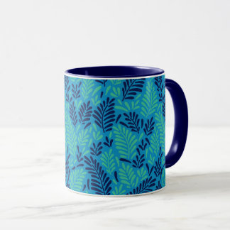 Caneca Folhas Padrão Azul e Verde