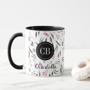 Caneca Folhas rosa e verde e Monograma e Nome do Fruta