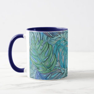 Caneca Folhas tropicais azuis coloridas, cor d'água