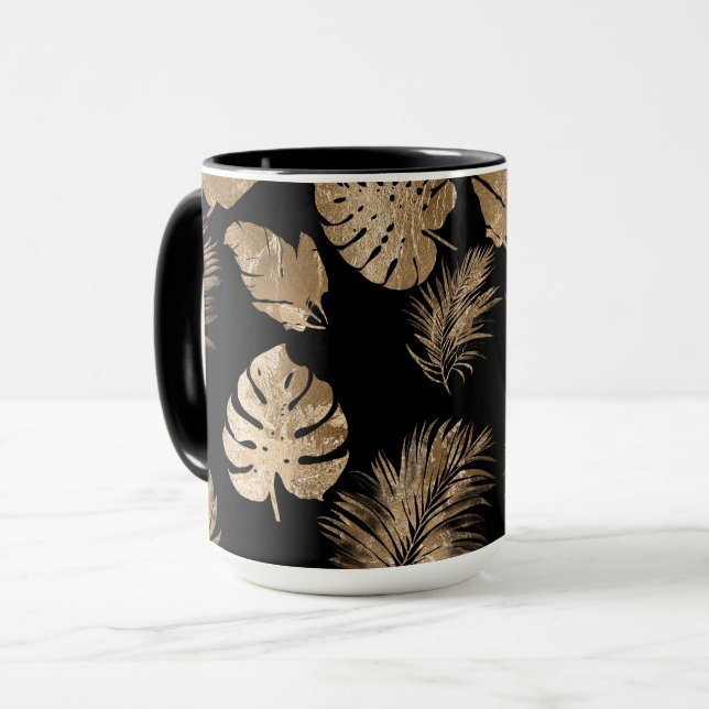 Caneca Folhas tropicais Douradas chic Black (Frente Esquerda)