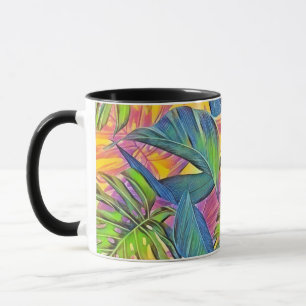 Caneca Folhas tropicais grandes coloridas pintura aquosa