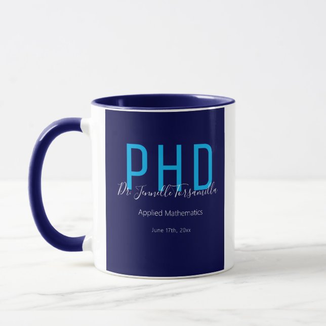 Caneca Formando Azul Nome Grau PhD (Esquerda)