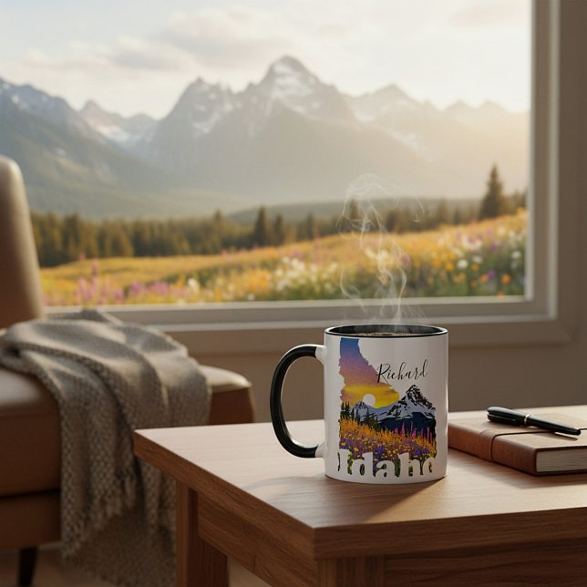Caneca Formato de Idaho com montanha e flores silvestres (Criador carregado)
