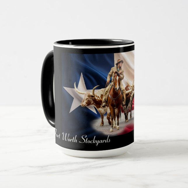 Caneca Forte Worth Stock Yards Texas Flag em preto, Mug (Frente Esquerda)