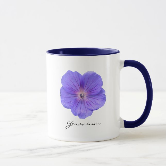 Caneca Foto azul botânica da flor do gerânio com nome (Direita)