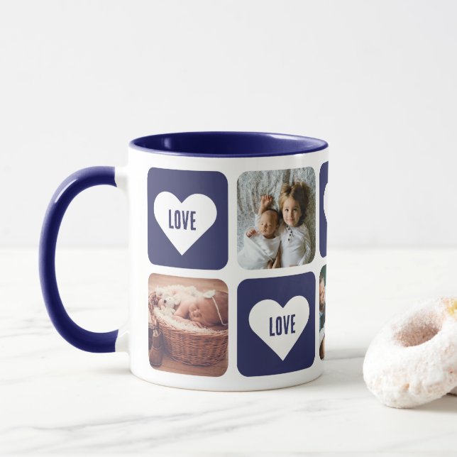 Caneca Foto Azul, Fita, Colagem, Coração de Amor (Com Donut)
