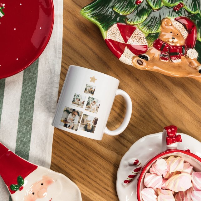 Caneca Foto da Árvore de Natal da Família Moderna com Est (Criador carregado)