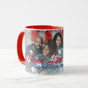 Caneca Foto da Família Joy Peace Love Foto Red White Snow