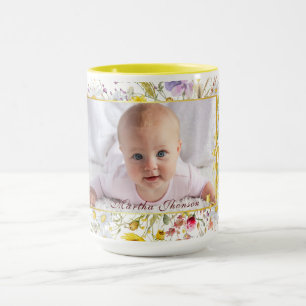Caneca Foto de Bebê Menina em Aquarela Floral Rosa Dourad