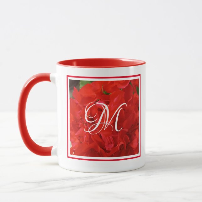 Caneca Foto de Bright Red Geranium Floral Inicial (Esquerda)