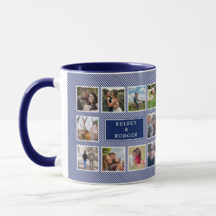 Caneca Foto de Casamento Colagem Azul e Folga Branca Stri