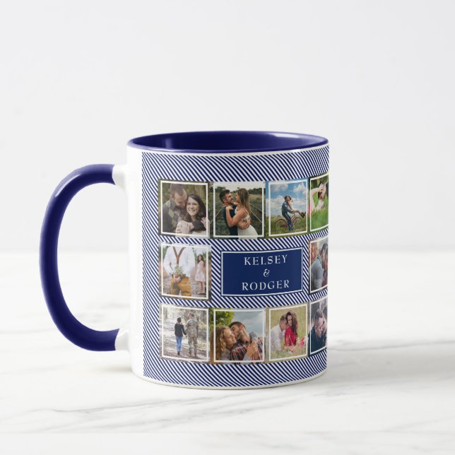 Caneca Foto de Casamento Colagem Azul e Folga Branca Stri (Esquerda)