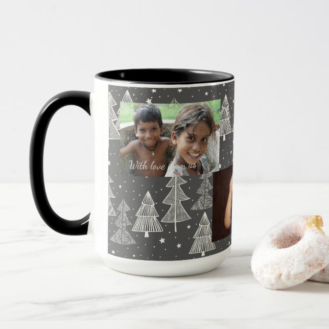 Caneca Foto de Estrelas de Neve em Placas de Natal (Com Donut)