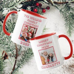 Caneca Foto de Natal da Família Mãe Vermelha e Branca