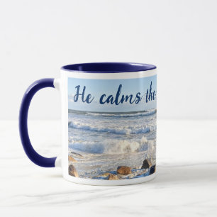 Caneca Foto de Stormy Ocean Waves Bíblia Verse Marinho Az