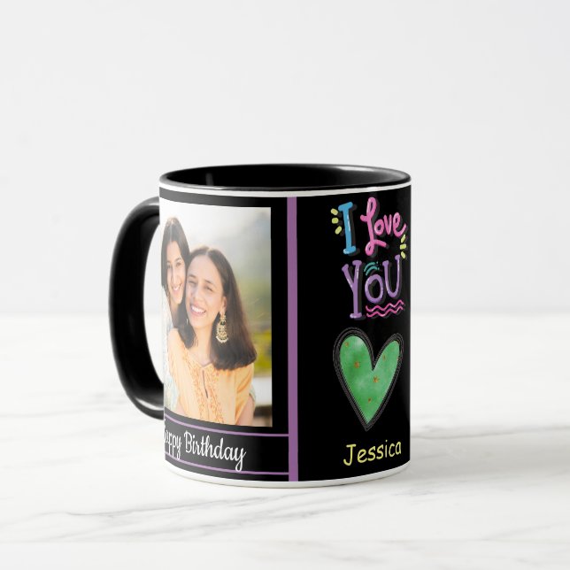 Caneca Foto e nome de aniversário feliz moderno (Frente Esquerda)