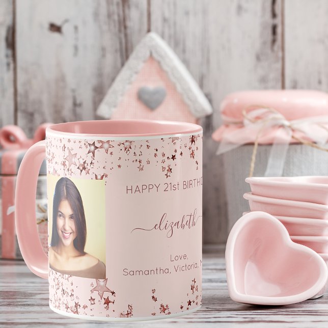 Caneca Foto personalizada de aniversário, rosa dourado, a (Criador carregado)