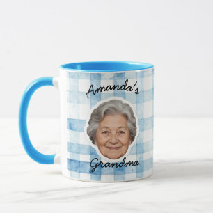Caneca Foto Personalizada do Avô com Padrão Xadrez Azul