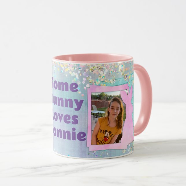 Caneca Foto personalizada Xadrez roxa de coelho da Páscoa (Frente Esquerda)