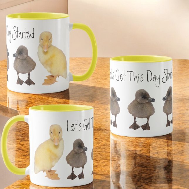 Caneca Fotografia de Ducklings Amarelo e Cinza Adorável (three views around the duck photo ceramic two tone mug)