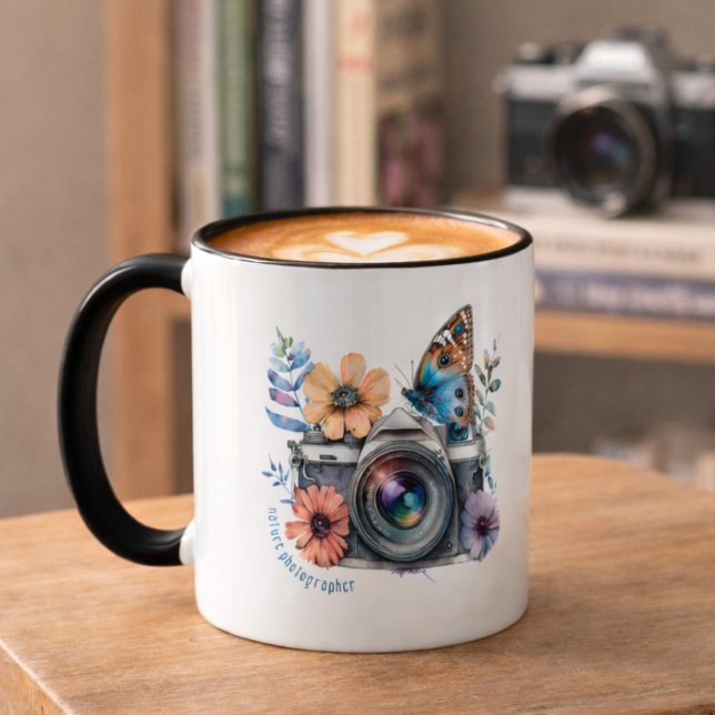 Caneca Fotógrafo da Natureza Borboleta Floral Cabo Preto (Criador carregado)