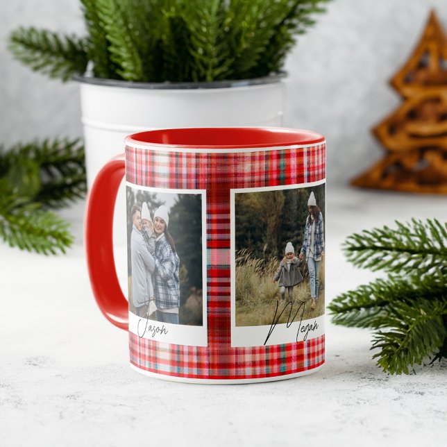 Caneca Fotos da família de tecidos Vermelho e Xadrez Bran (Cozy Red and White Plaid fabric Family Photos Mug)