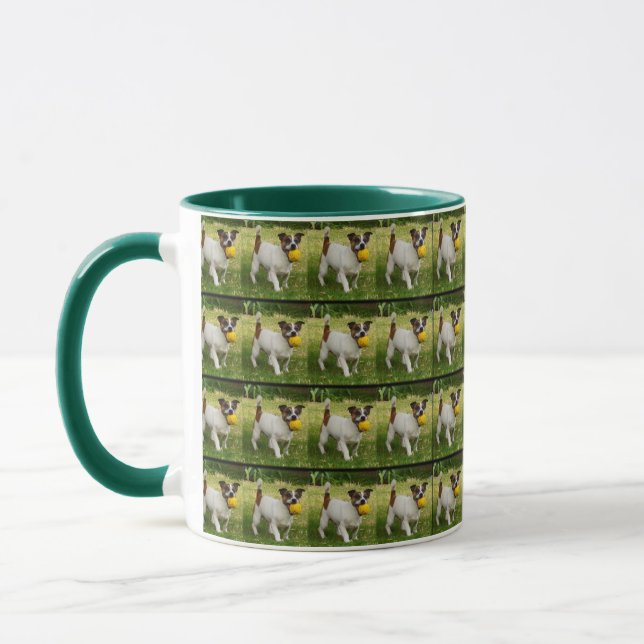 Caneca Fox Terrier Com Sua Bola, Verde, Coffee Mug. (Esquerda)