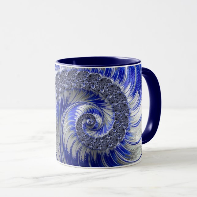 Caneca Fractal Espiral Branco da Cinza Azul Moderna (Frente Esquerda)