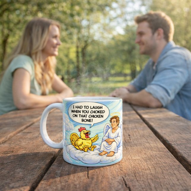 Caneca Frango Anjo no Trocadilho do Céu (Criador carregado)
