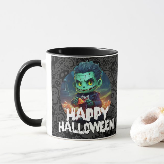 Caneca Frankenstein Comendo Doces Feliz Halloween (Com Donut)
