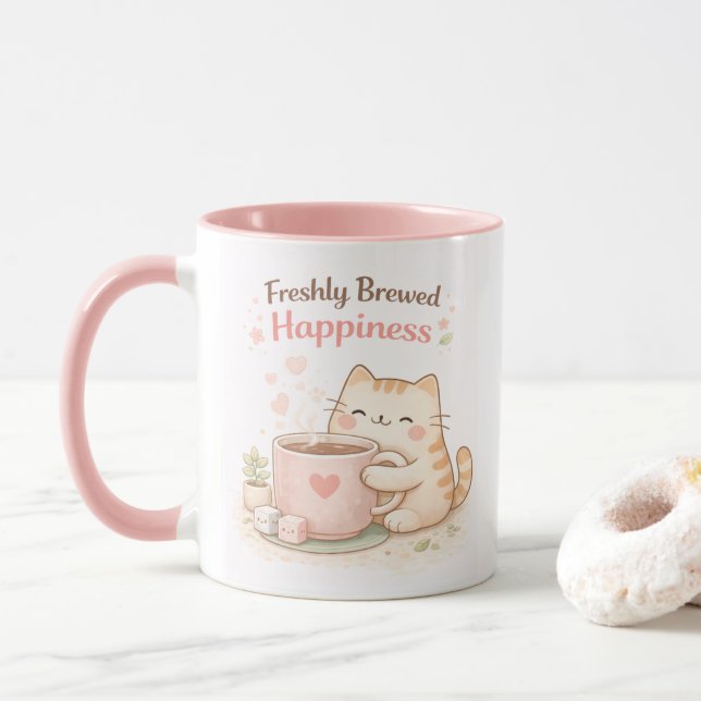 Caneca Freshly Brewed Kawaii Cute Kitty Cat Coffee Pink (Com Donut)