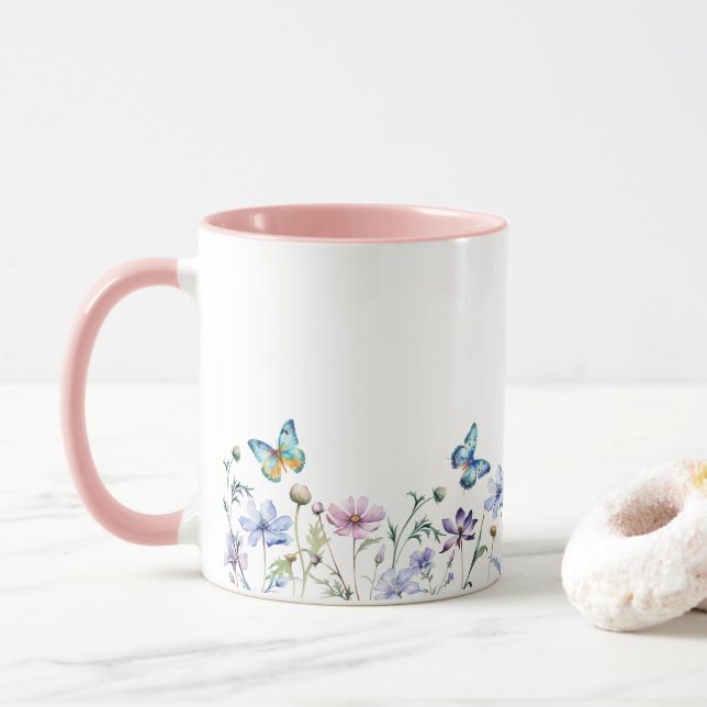Caneca Fronteira de Flores Silvestres e Borboletas  (Com Donut)