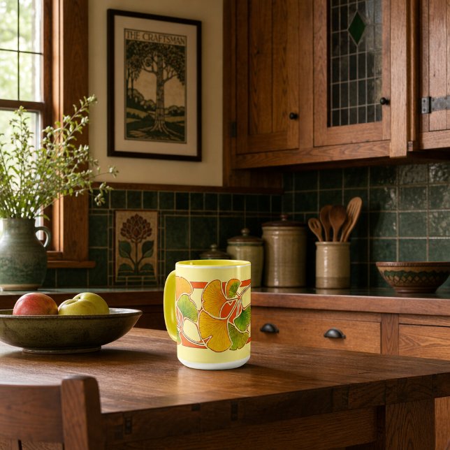 Caneca Fronteira de Folhas de Ginkgo Biloba em Estilo Art (Criador carregado)