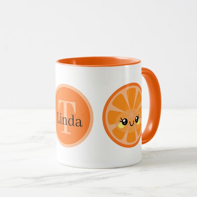 Caneca fruta de adição de monograma em laranja-Kawaii (Frente Esquerda)