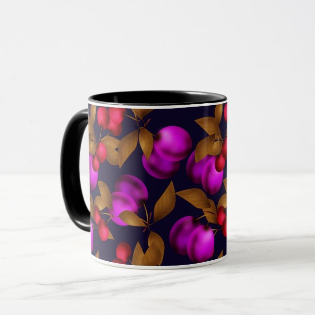 Caneca Frutas ameixa escura sem emenda roxas bagas cereja (Frente Esquerda)