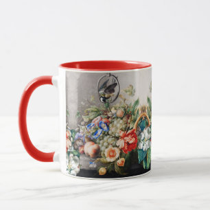CANECA FRUTAS, FLORES, UVAS, PÊSSEGOS E AVES PEQUENAS