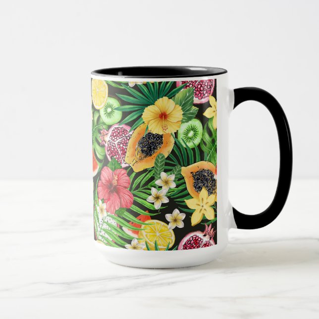 Caneca Frutas tropicais, flores e folhas a preto (Direita)