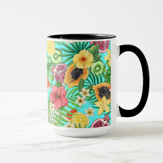 Caneca Frutas tropicais, flores e folhas em azul (Direita)