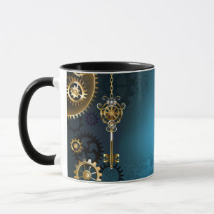 Caneca Fundo azul turquesa Steampunk com engrenagens