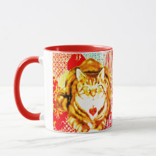 Caneca Fundo Caprichoso Vermelho Gato Amarelo Tigr