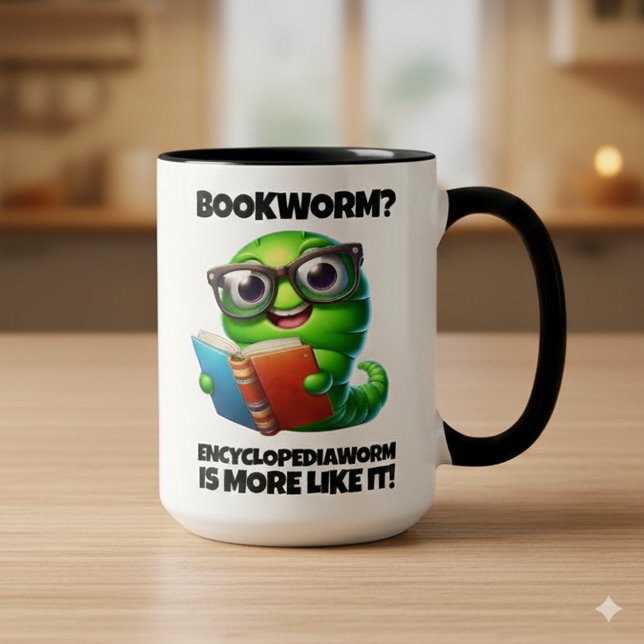 Caneca Funny Bookworm? Encyclopediaworm is More Like It! (Bookworm More Like Encyclopediaworm Two-Tone 15oz Combo Mug Cover Photo)