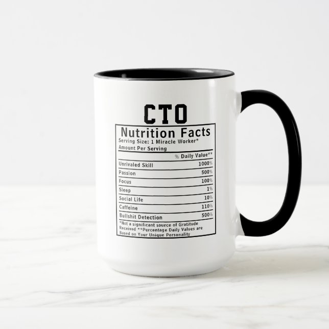 Caneca Funny CTO Nutrition Facts IT Executive Gift (Direita)