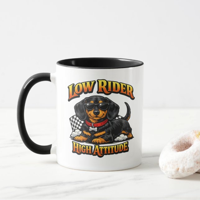 Caneca Funny Dachshund Low Rider, High Attitude (Com Donut)