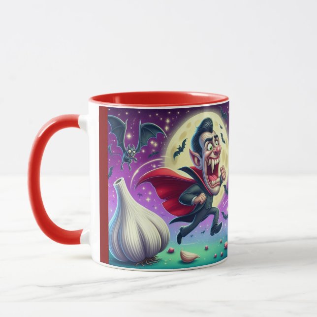 Caneca Funny Dracula Mug – Vampire Running from garlic (Esquerda)