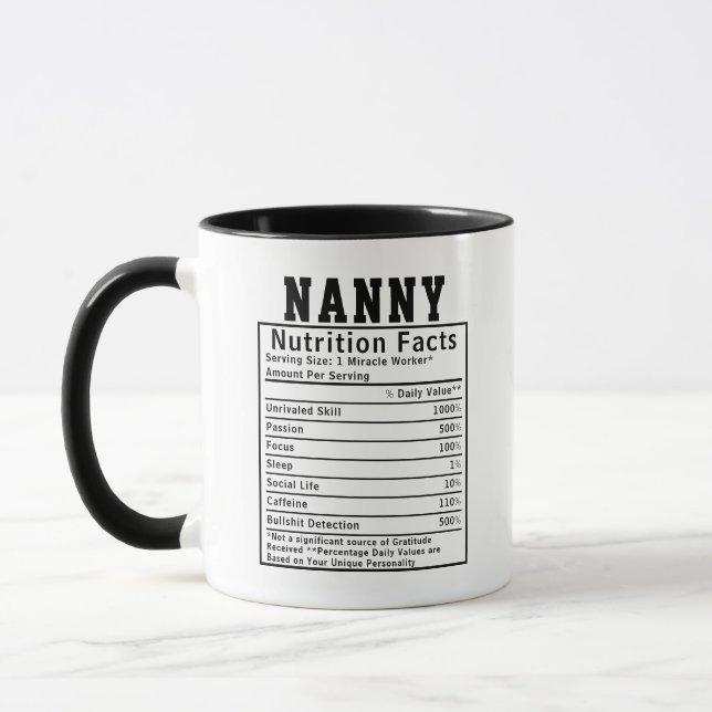 Caneca Funny Nanny Nutrition Facts Babysitter Worker Gift (Esquerda)