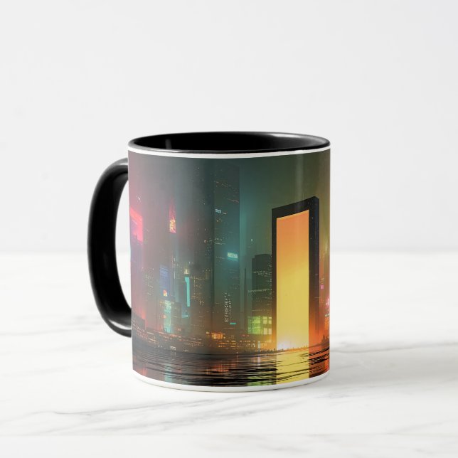 Caneca Futuristic Cityscape with Neon Reflections (Frente Esquerda)