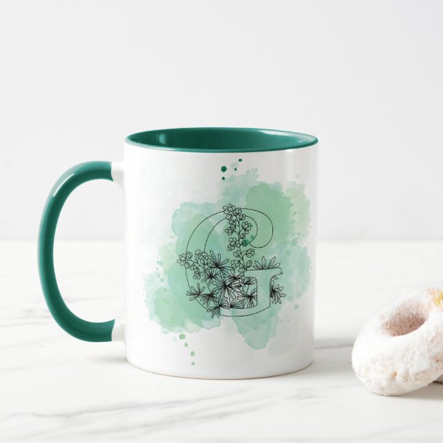 Caneca G Watercolor Monograma Verde Botânico inicial (Com Donut)