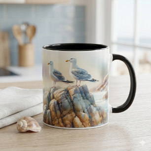 Caneca Gaivotas Costeiras Paisagem Marinha em Aquarela