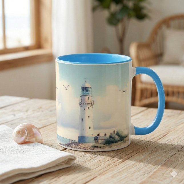 Caneca Gaivotas do Farol Costeiro Céu Pastel Serenidade (Coastal Lighthouse Seagulls Pastel Sky Serenity Mug On Kitchen Counter)